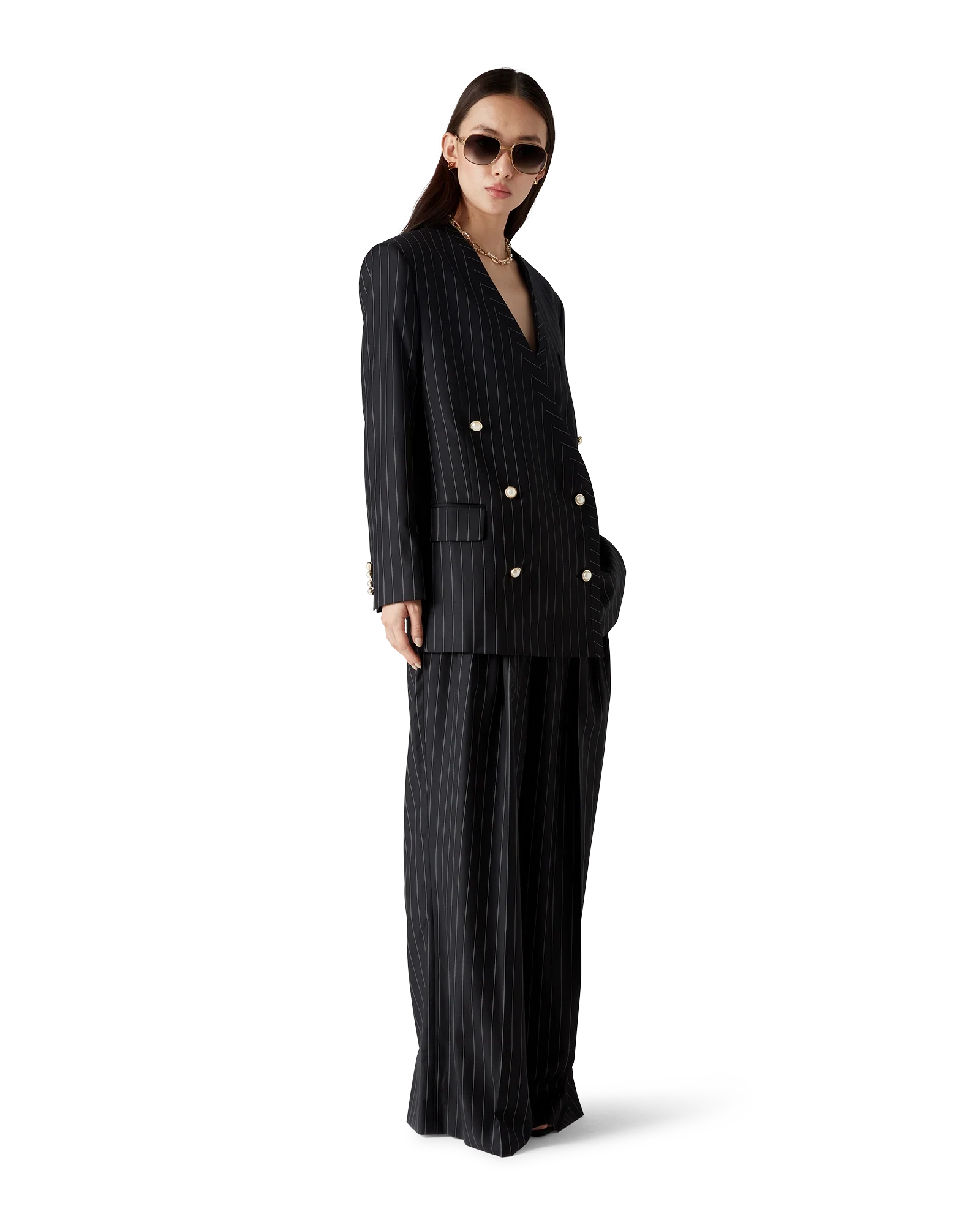 Wool Pinstripe Triple Pleat Tailored Trousers